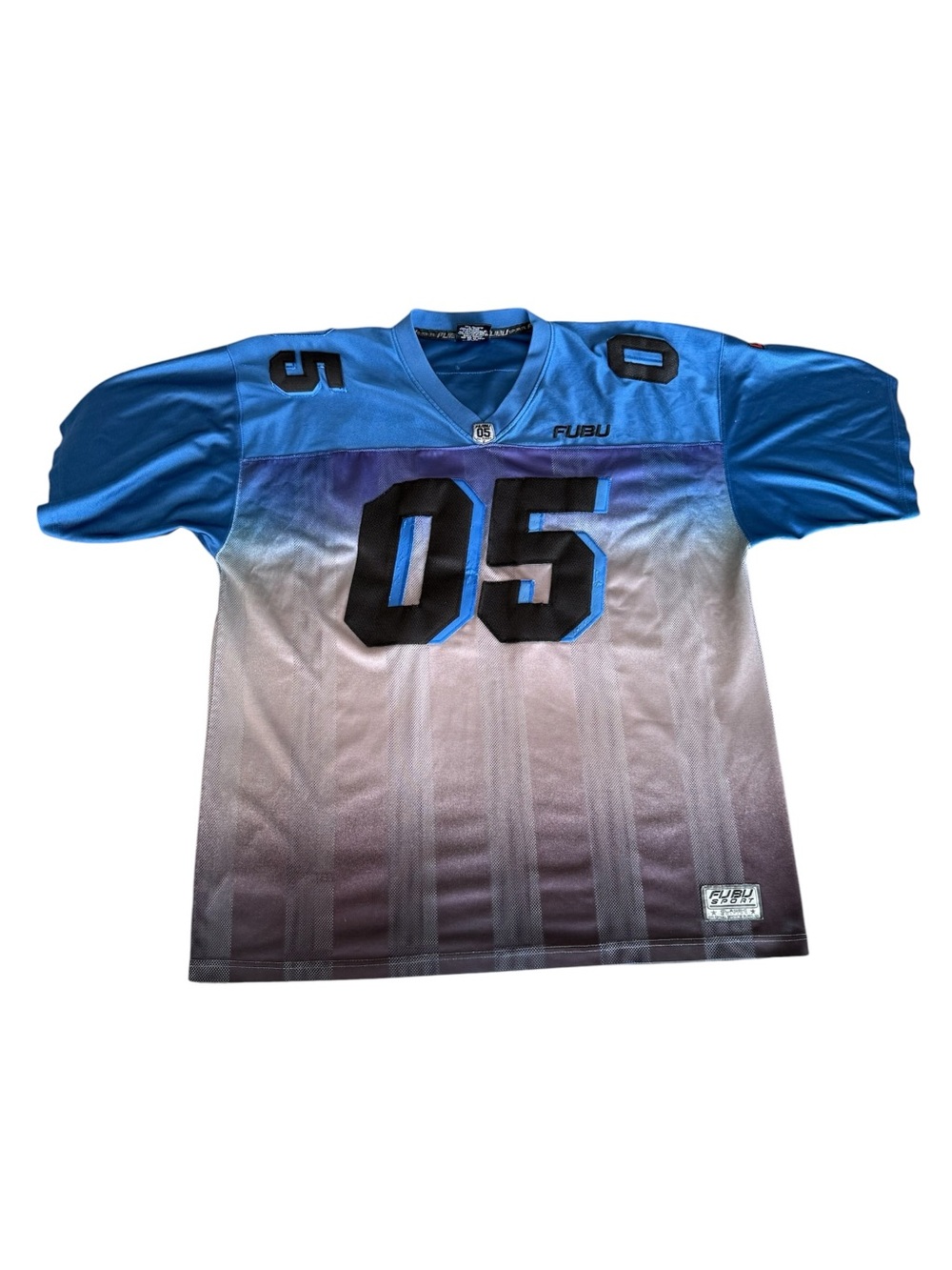 VTG FUBU Sports 05 Football Jersey Blue Gradient Ombre Mesh Thrashed XXL